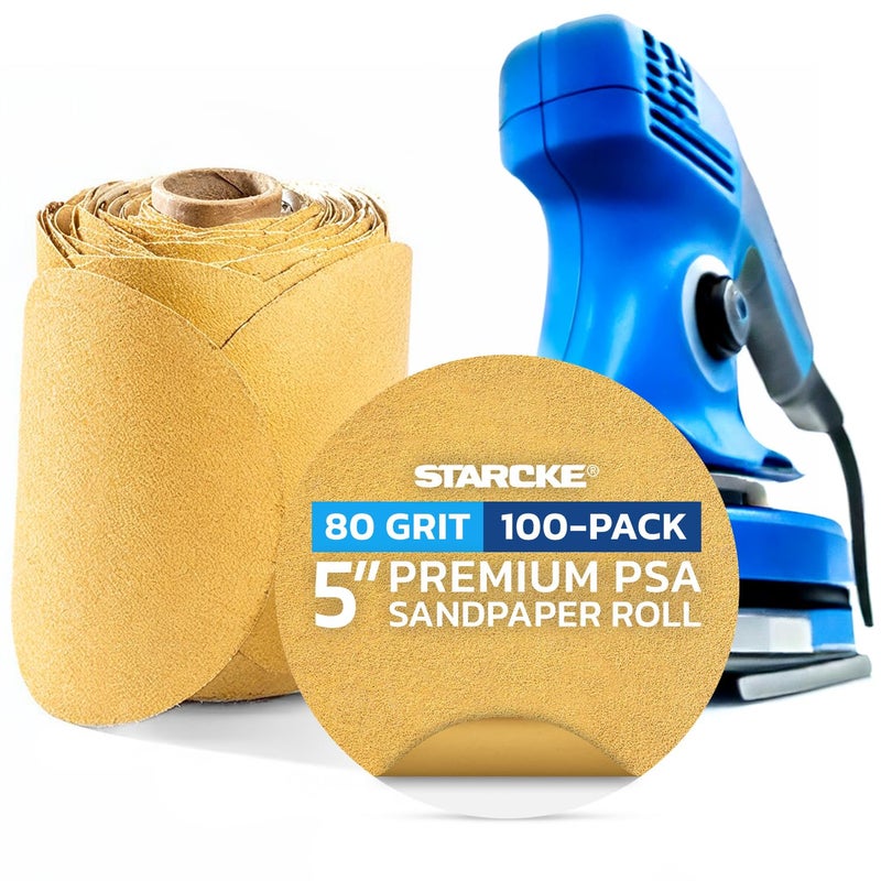 Starcke 5 inch Sanding Discs 80 Grit Sandpaper Discs PSA Adhesive Sandpaper Roll No Hole - Disc Gold Round Sanding Paper, Durable Sand Paper for Wood, Auto Body, Metal, Marine Paint for Smooth Surfaces - Image 1